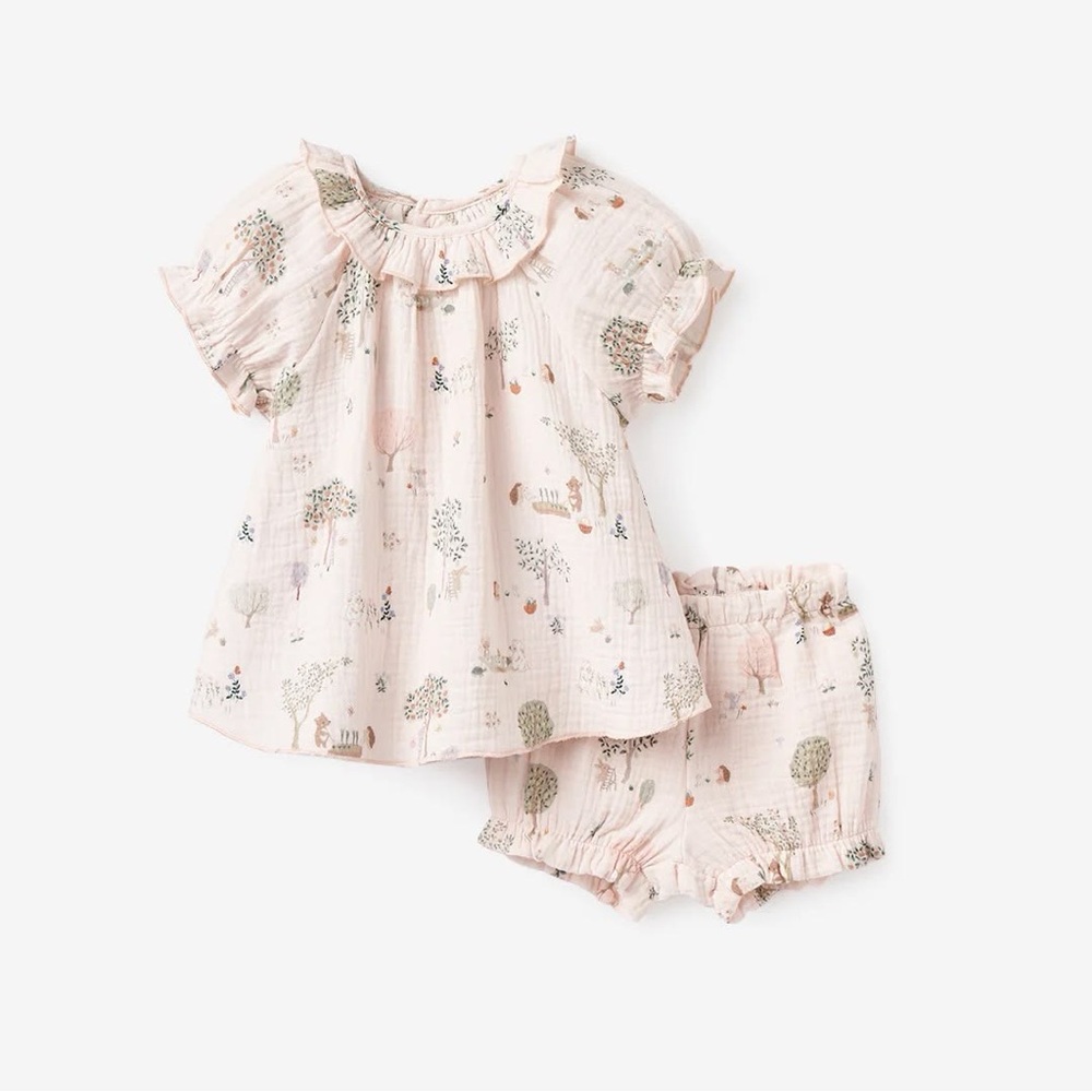 Elegant Baby Pink Garden Organic Muslin Ruffled Top and Bloomer Set